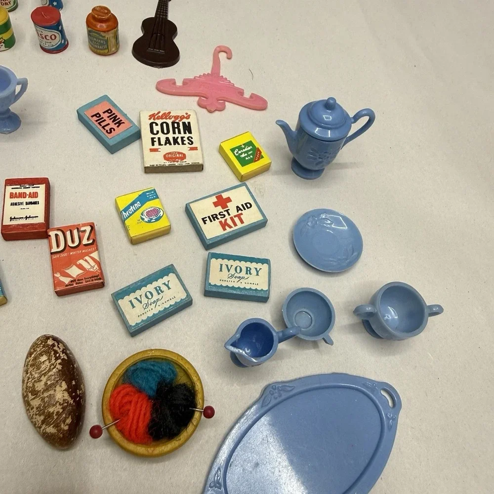 Vintage dollhouse lot miniature‎ kitchen food books his/her towels plates wallet